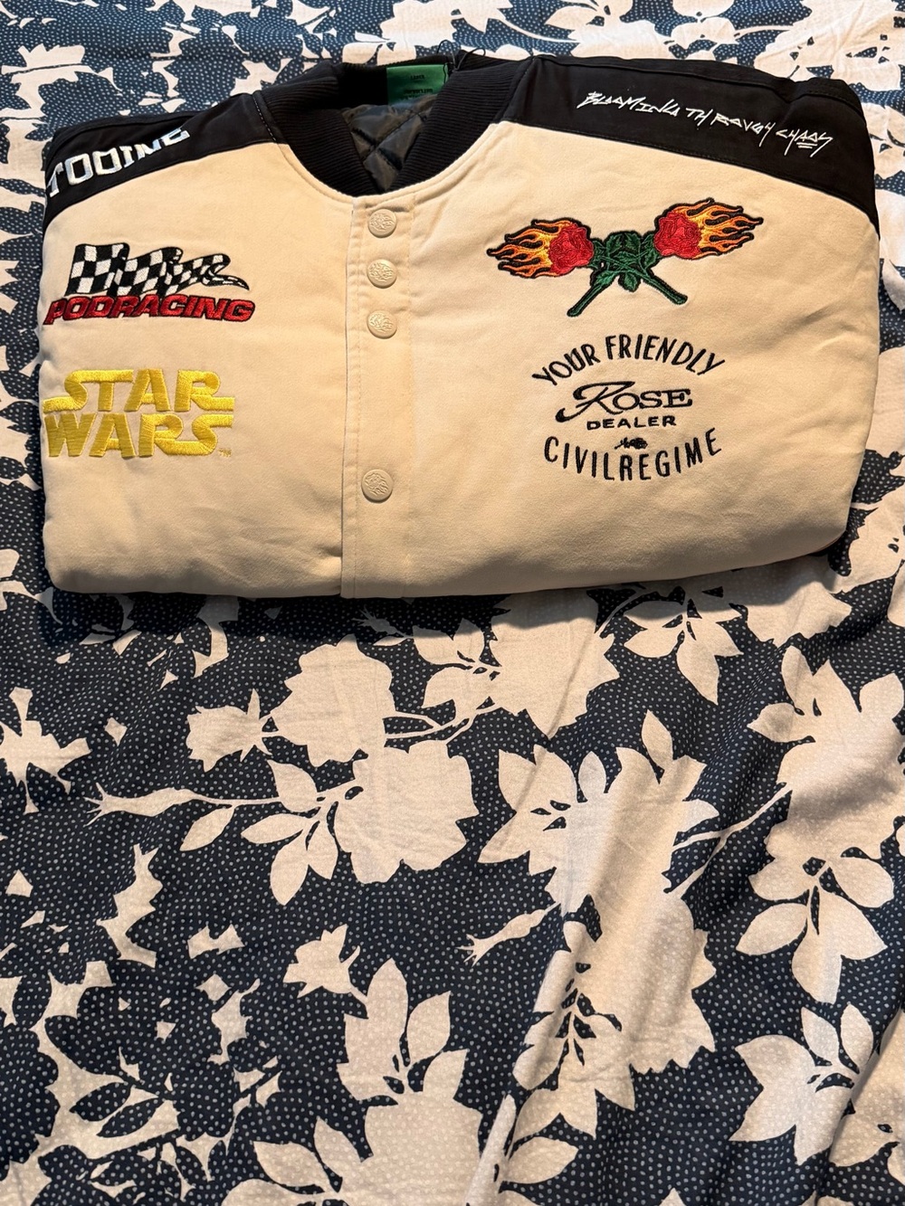 Cream Embroidered Bomber Jacket with Black Shoulders - Unbranded